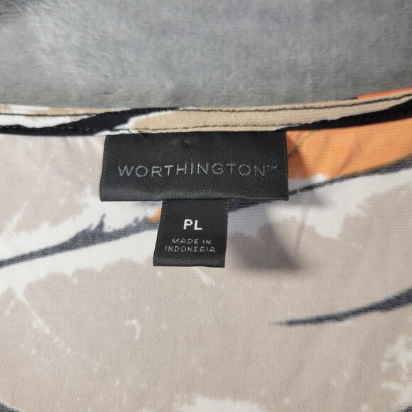 Worthington Womens Petite L Abstract Print Short Sleeve Blouse Orange Beige Blac - Picture 2 of 8